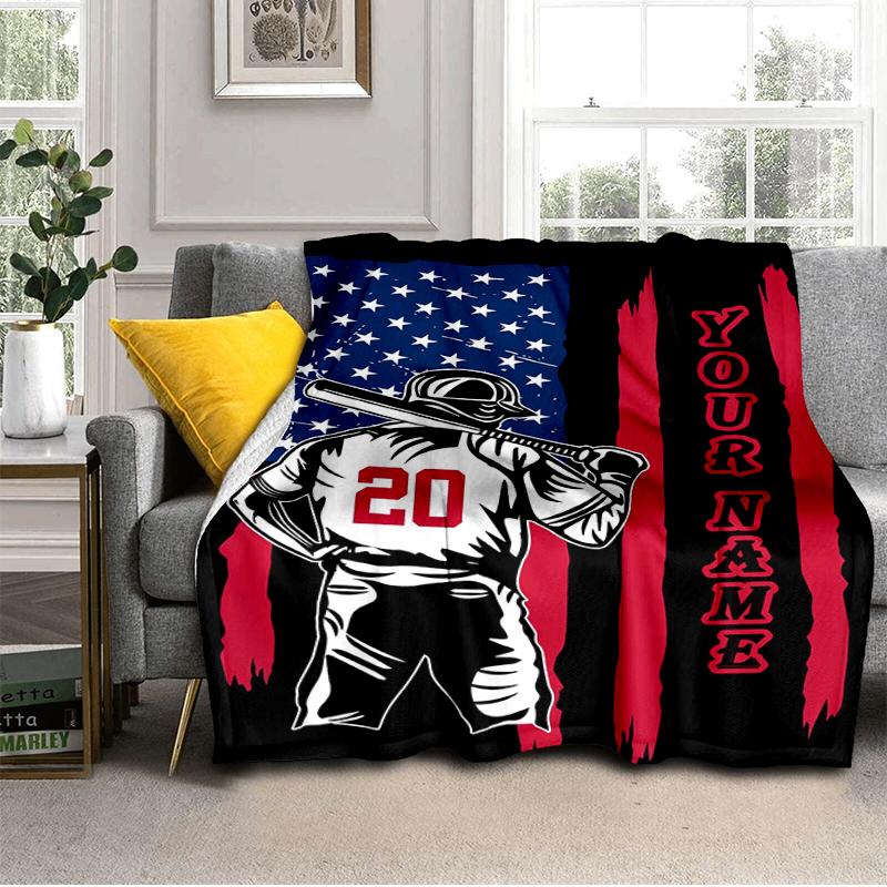 1PC Custom Name Baseball Spirit: USA Pride flannel blanket versatile, all-season throw suitable for the living room, bedroom, camping, travel, and gif