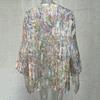 Plus Size Women Casual Loose V Neck Long Sleeve T-shirt with Flower Print Irregular Hem Color Matching Pullover for Spring Fall