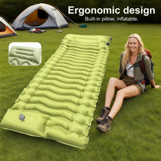 Inflatable Sleeping Pad Built-in Foot Pump Pillow Lightweight Thicken Portable Single Person Outdoor Travel Camping Hiking Air Mattress Sleeping Mat