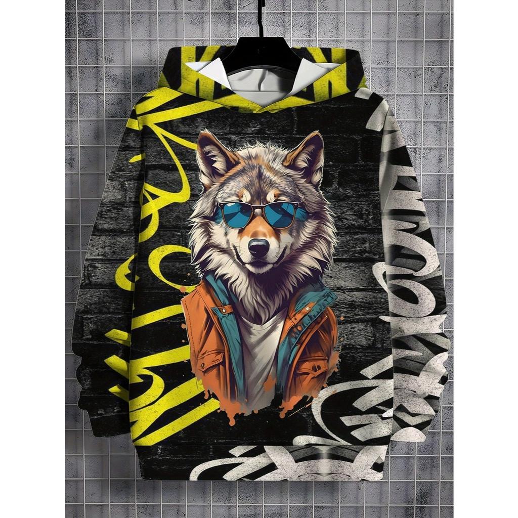 3D Digital Print Wolf Pattern Hooded Sweatshirt for Boys - Graffiti Streetwear, Spring  Autumn Casual Wear