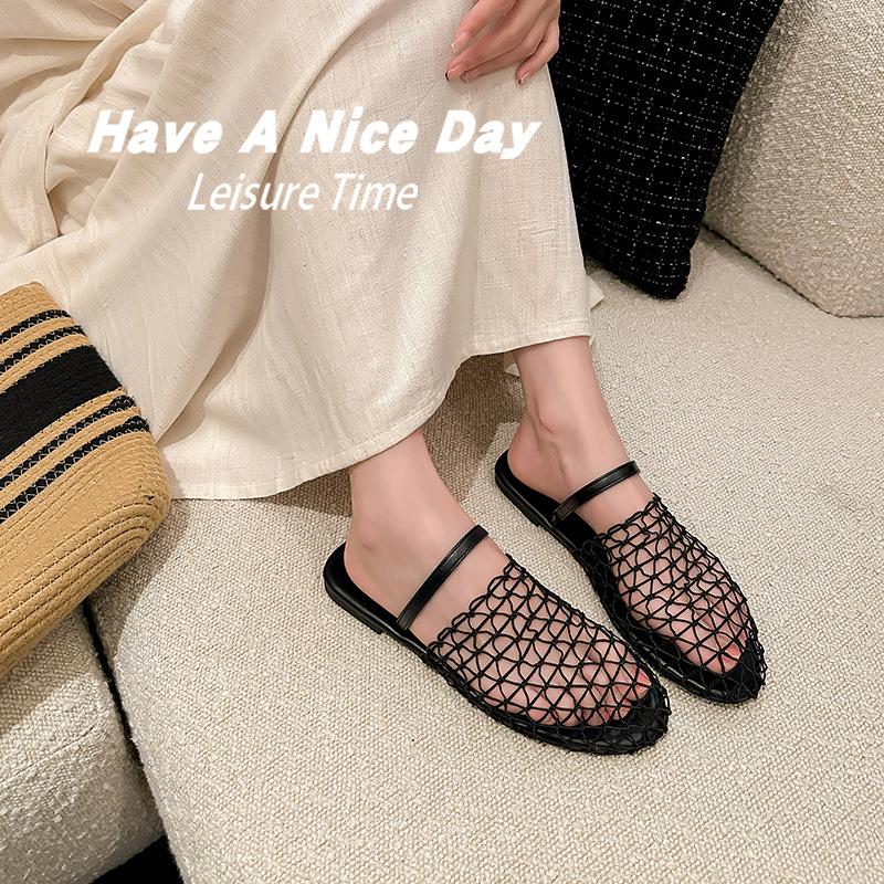 Grape Mother Summer New Hollow Niche Design Outer Wear One Word with Bag Head Flat Bottom Cool Slippers Women