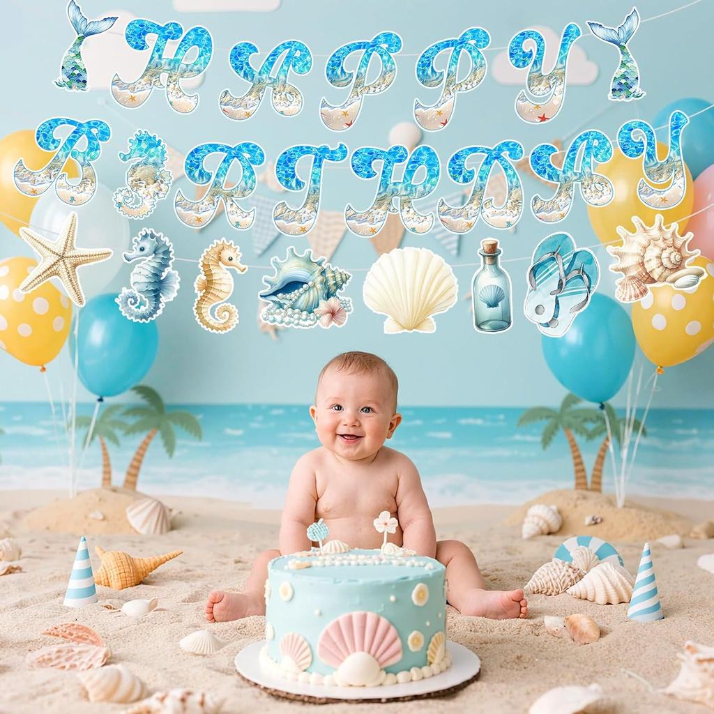 Ocean Beach Birthday Party Decorations Summer Beach Birthday Banner with 13pcs Nautical Seashell Seahorse Hanging Swirls for Coastal Beach Pool Party
