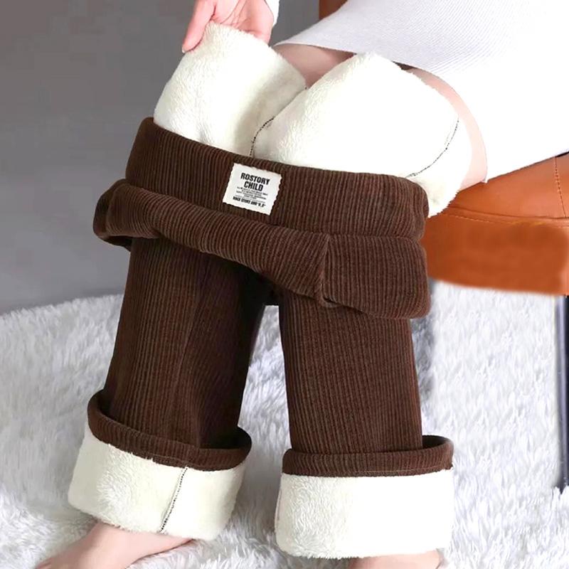 Kalhoty s vysokým pasem a širokými nohavicemi s fleecovou podšívkou a nadýšenou jehněčí podšívkou - Zimní oblečení v korejském stylu