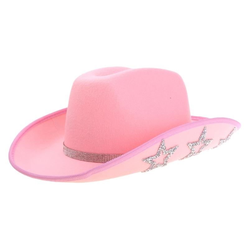 

Diamond Cowgirl Hat Western Large Brim Hat Fedoras Hat for Stage Performances рожевий