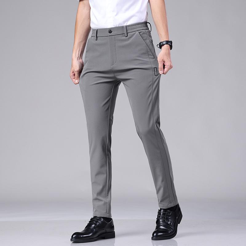 Ultra-thin Elastic Men's Casual Trousers Summer Quick-drying Ice Silk Slim Straight Business Solid Color Trousers Black Gray