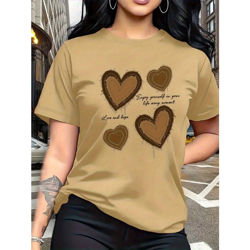 Women s Vintage Brown Heart Print Short-Sleeve T-Shirt: Medium Stretch, All-Season S