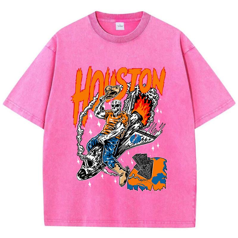 Casual Womans Acid Wash T-Shirts Houston Skeleton Manga Prints Tops Distressed Crewneck Cotton Tee Shirts Clothes