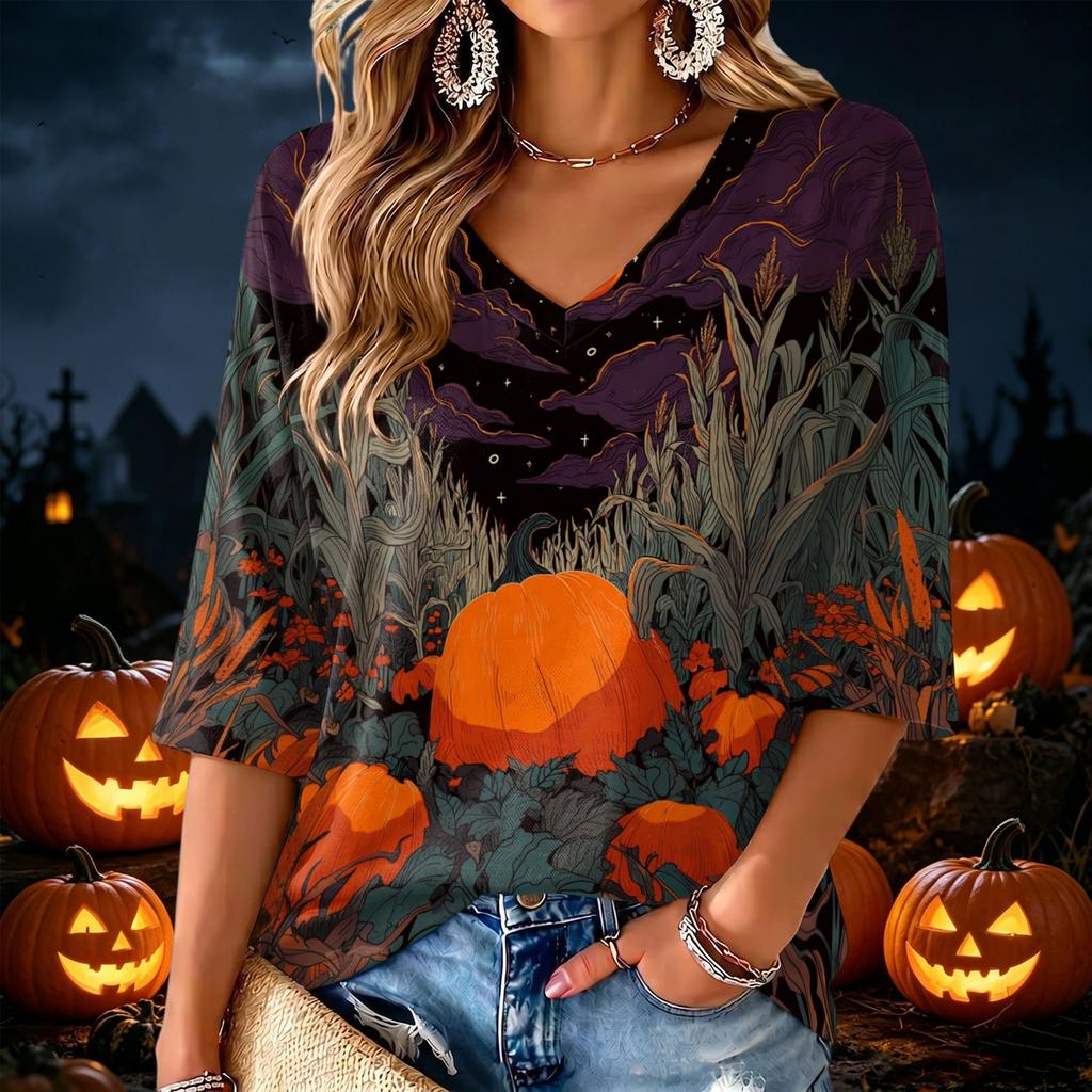 Women's V-Neck Halloween Print Lightweight Blouse for Spring and Summer