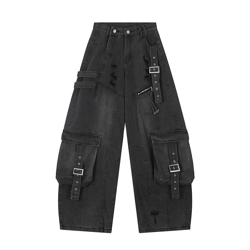 STREETRICH American Style Men's Jeans Solid Color Multi Pockets Casual Worn-out Trousers Deconstruction Wide Leg Denim Pants