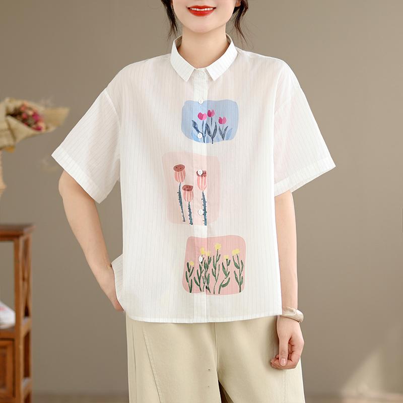 DIMANAF 2026 Women Plus Size New Summer Blouse Shirt Short Sleeve Casual Loose Print Lady Tops Shirts Cotton