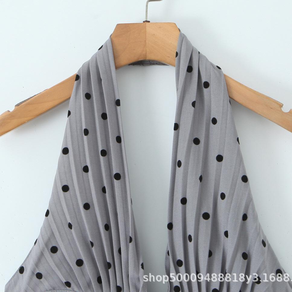 Pure Desire French Retro Flocking Polka Dot Sexy Deep V-neck Neck Halter Waist Thin Dress Short Skirt Women's Summer