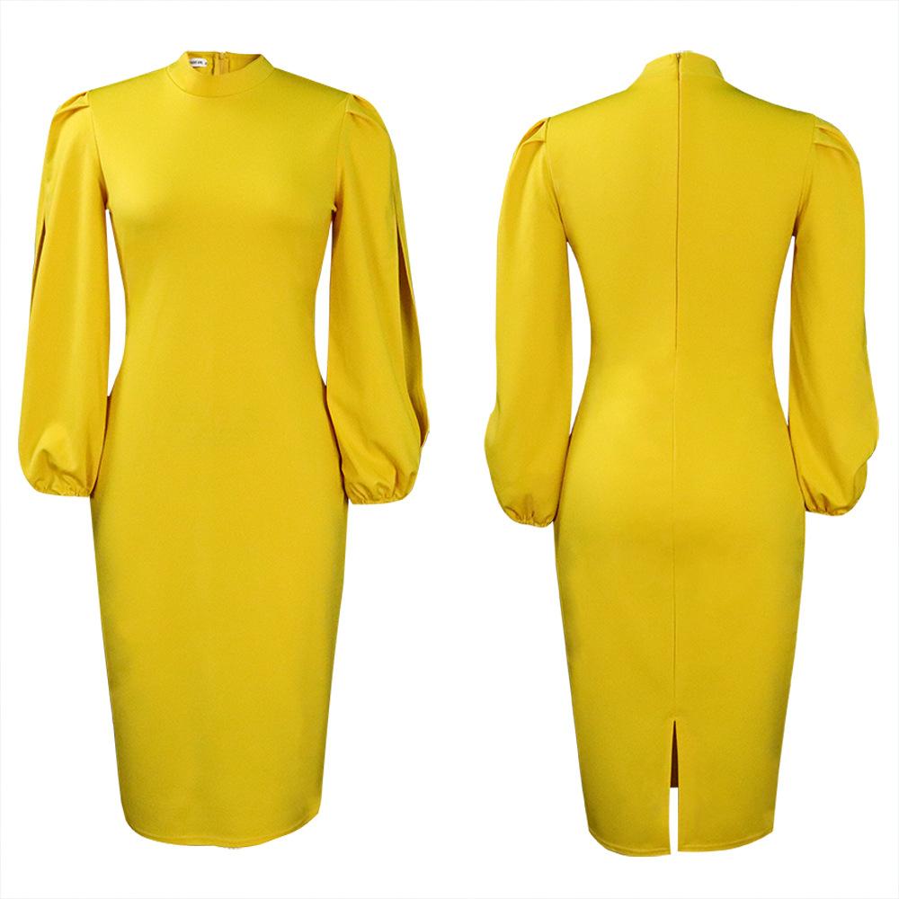 Solid Color High Waist Long Sleeve Puff Sleeve Women Plus Size Commute Midi Pencil Dress S