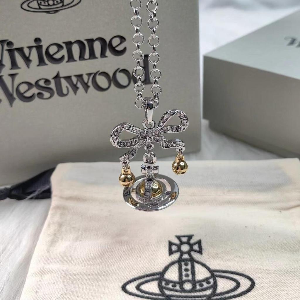 Empress Cixi Planet Pendant & Christmas Bell Bow Brooch Necklace: Luxury Women's Fashion Clavicle Chain