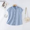 ZANZEA Women Casual Turn Down Collar Loose Short Sleeve Plaid Blouse