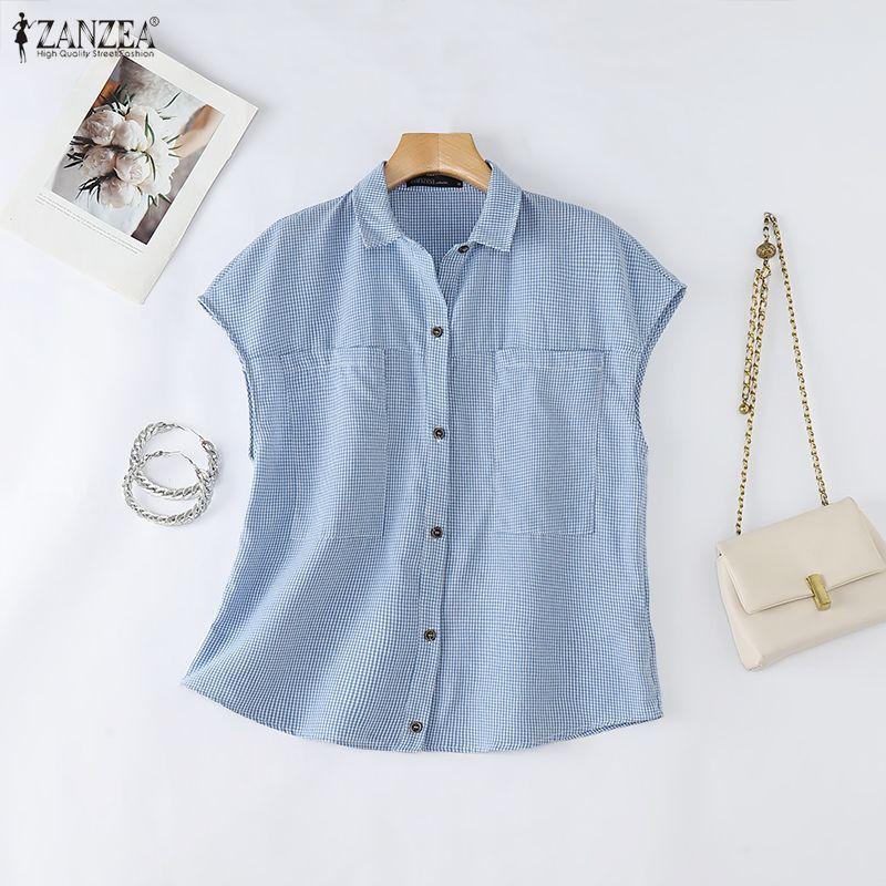 ZANZEA Women Casual Turn Down Collar Loose Short Sleeve Plaid Blouse