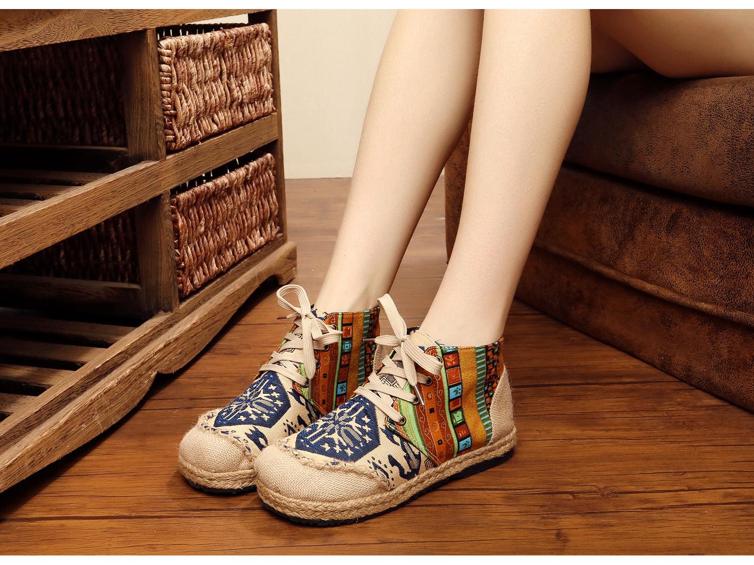 

Весна 2025 г. Женские туфли в этническом стиле в стиле колледжа с вышивкой из хлопка и льна: Дышащий и комфортный US 8 синий