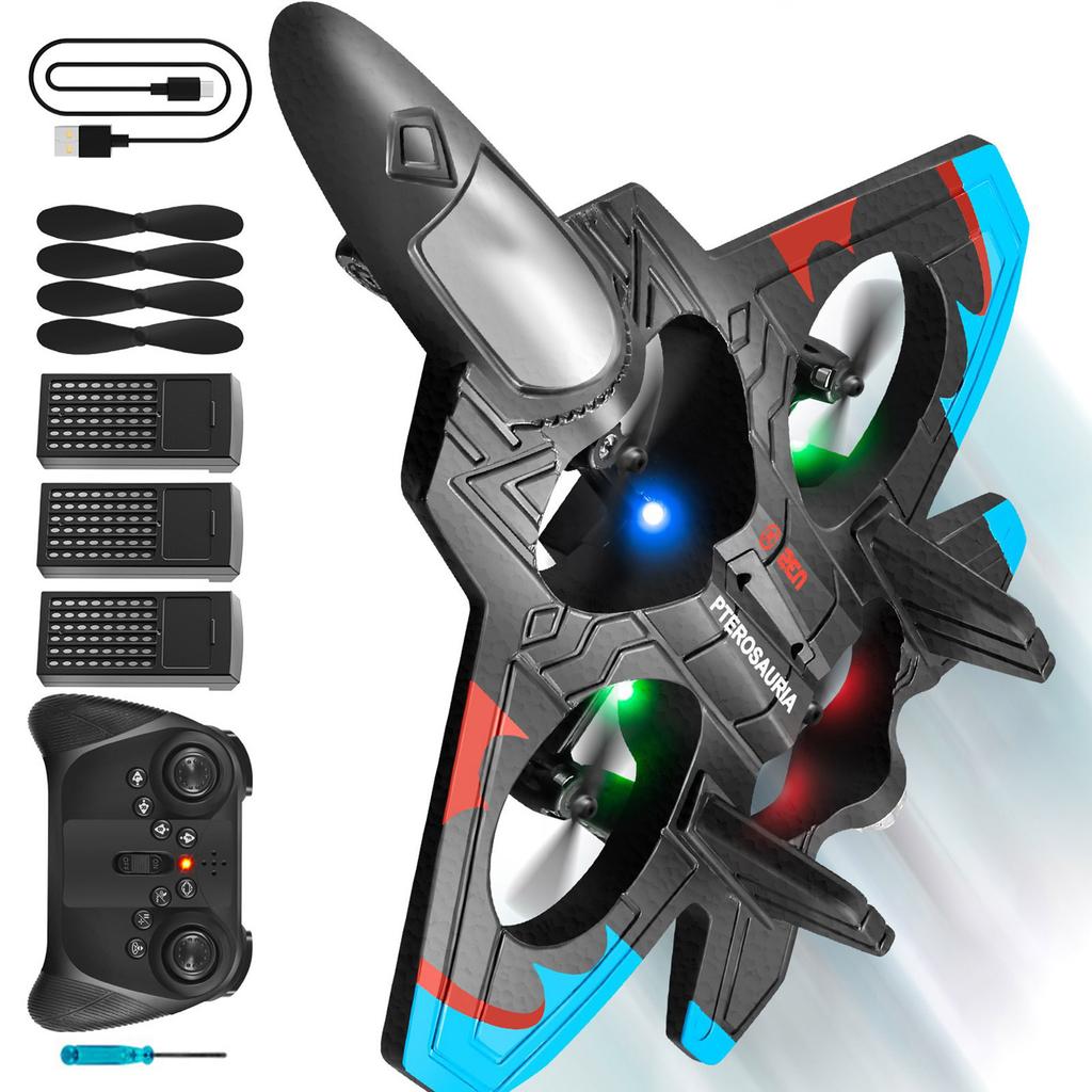 Foam Remote Control Jet Fighter Stunt Plane with LED Lights Remote Control Toy for Boys Ages 6-14