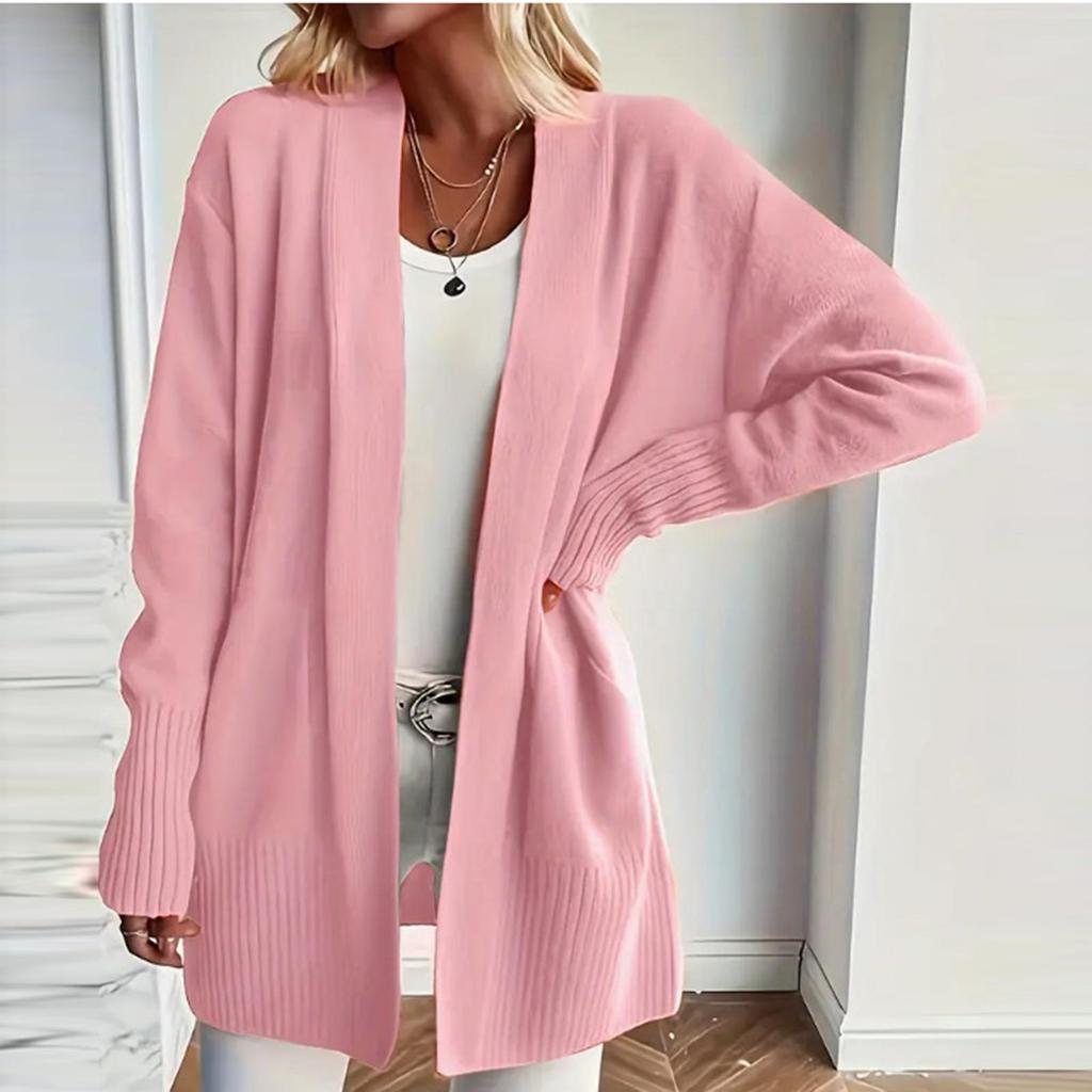 Women's Long Sleeved Solid Color Medium Length Knitted Cardigan Jacket Sweater Knitted Sweater