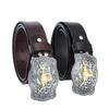 Western Bull Head Belt with Smooth Buckle - Patterned Cowhide Leather Men's Belt