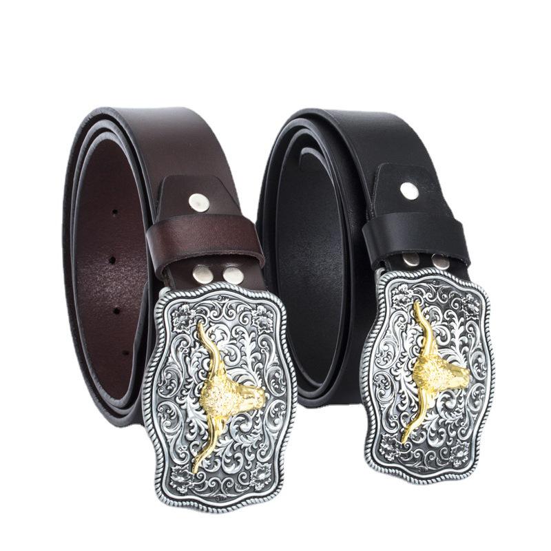 Western Bull Head Belt with Smooth Buckle - Patterned Cowhide Leather Men's Belt