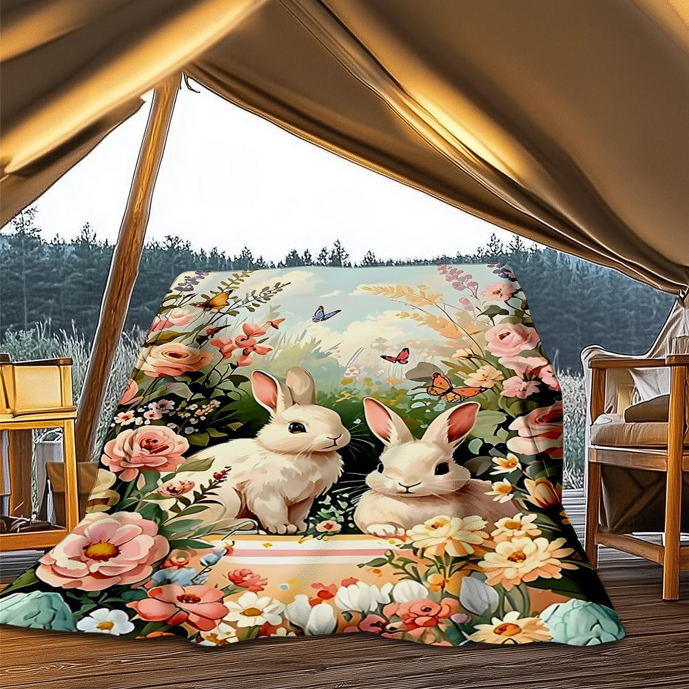 1pc Easter Bunnies Outdoor Blanket - Soft Flannel Cozy for Travel & Camping - All-Season Warm Bed Cover, Machine Washable yy251229064