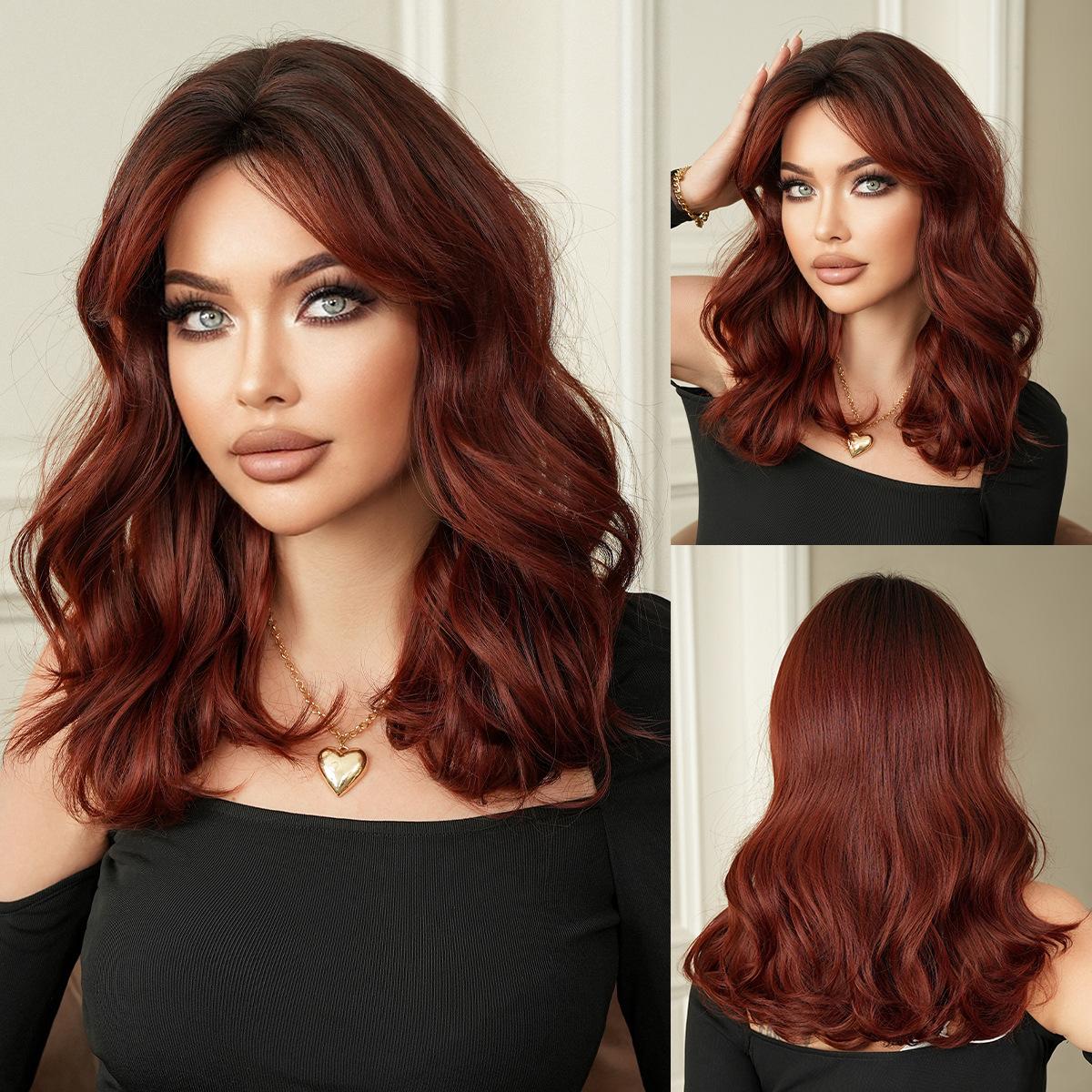 

Женский парик до плеч, волнистые красные волосы, для повседневного косплея, вечеринки, синтетический, пушистый, многослойный, из термостойкого волокна легкие вина красного