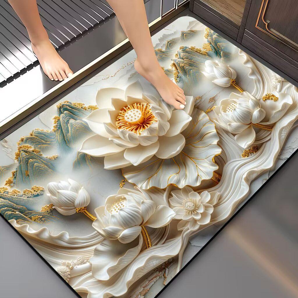 3D Floral Diatomaceous Earth Bath Mat - Absorbent, Quick-Dry, Stain & Wear Resistant Doormat