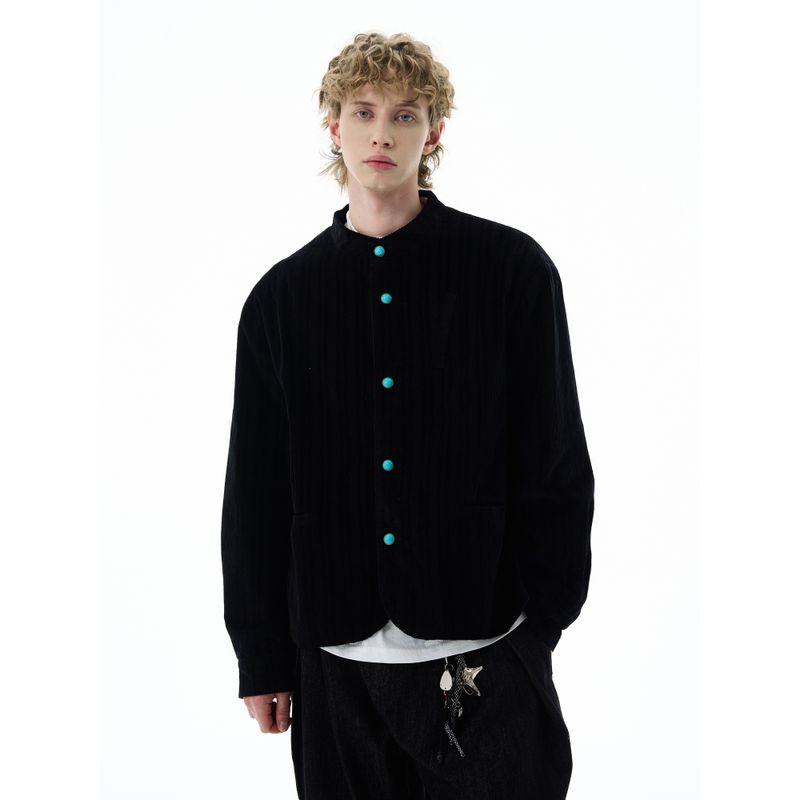 Kisko American Old Money Style Black Velvet Turquoise Button Jacket Unisex High-End Casual Cardigan Coat