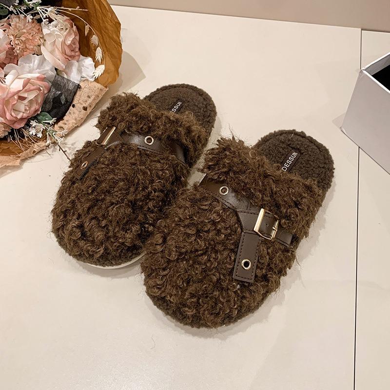 

Women s Baotou plush slippers padded warm winter thick bottom heightened home slippers casual walking indoor shoes snow cotton slippers 36
