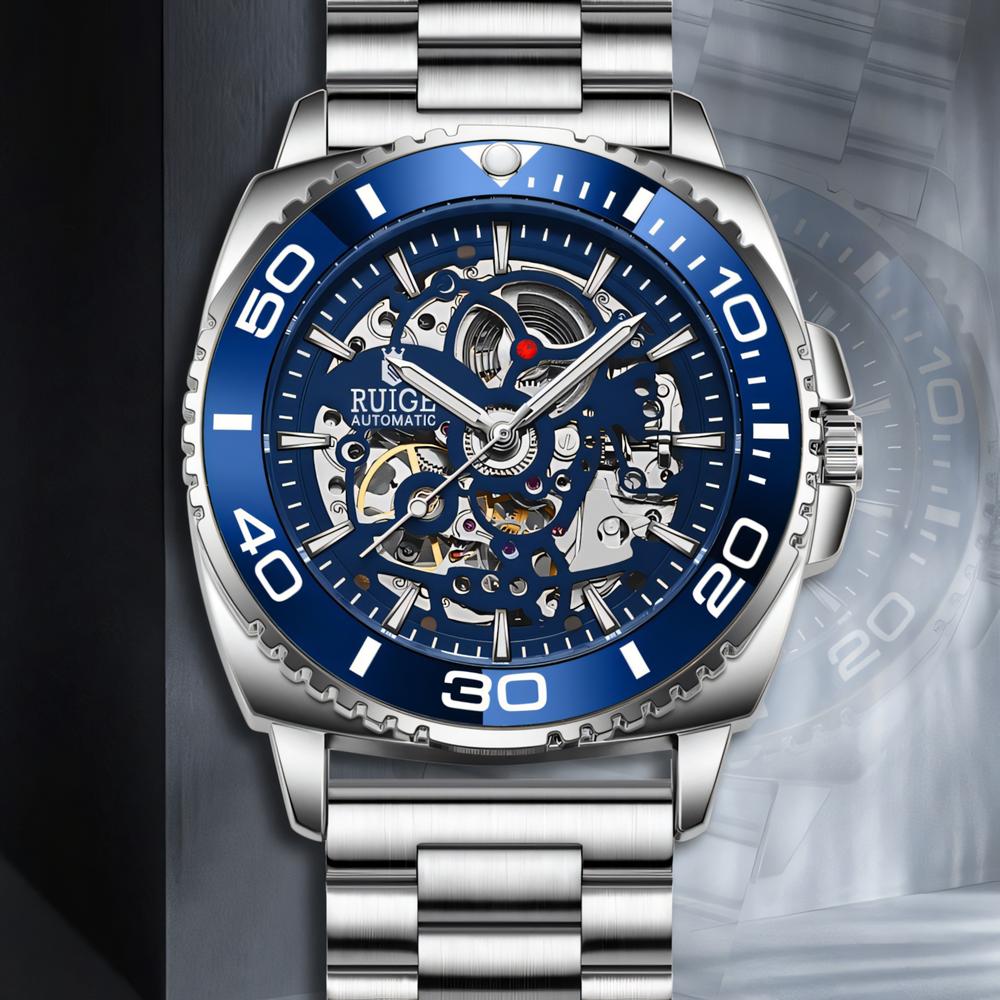 Fashion Hollow Men' S Fully Automatic Watch Stainless Steel/ Silicone Strap Mechanical Movement Luminous Business Skeleton Watches