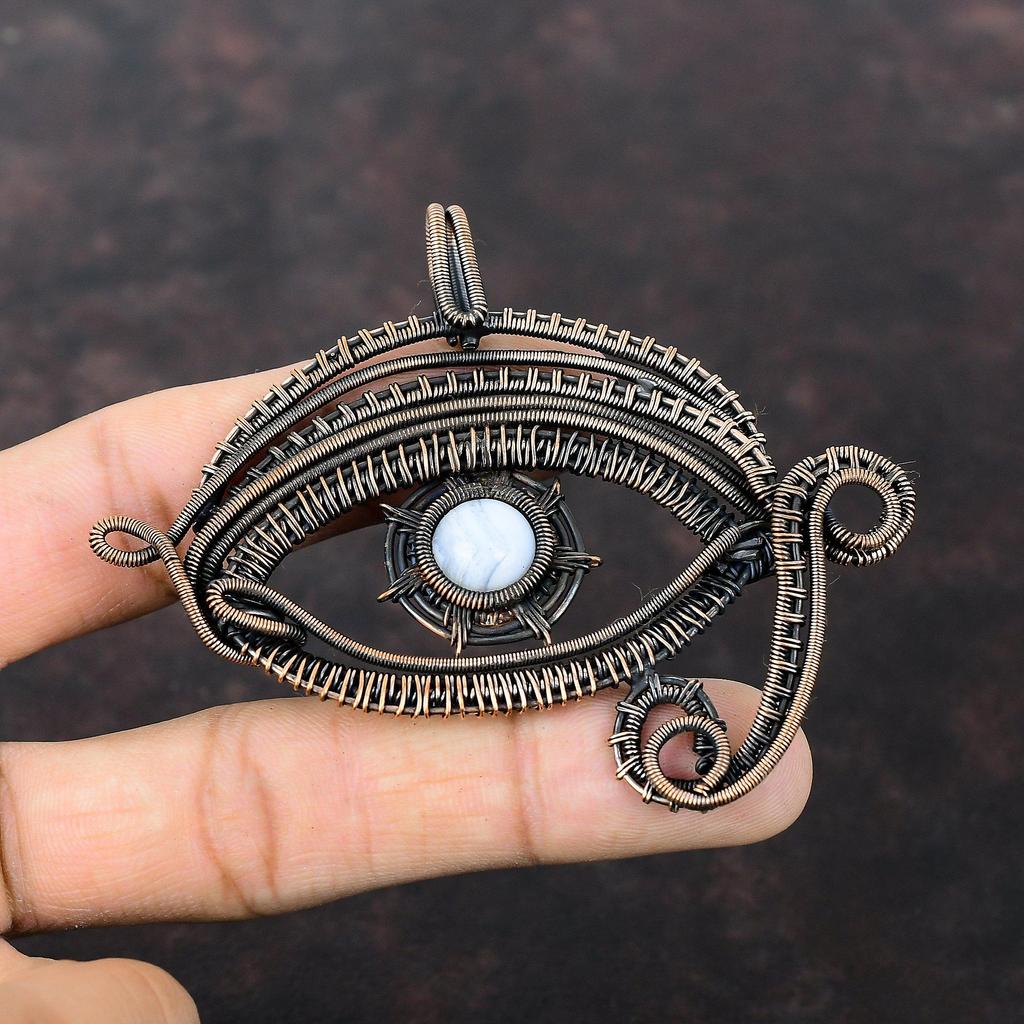 Evil Eye Blue Lace Agate Pendant Copper Wire Wrapped Jewelry Handmade Gemstone Pendant Evil Eye Jewelry Wire Pendant Copper Pendant For Gift