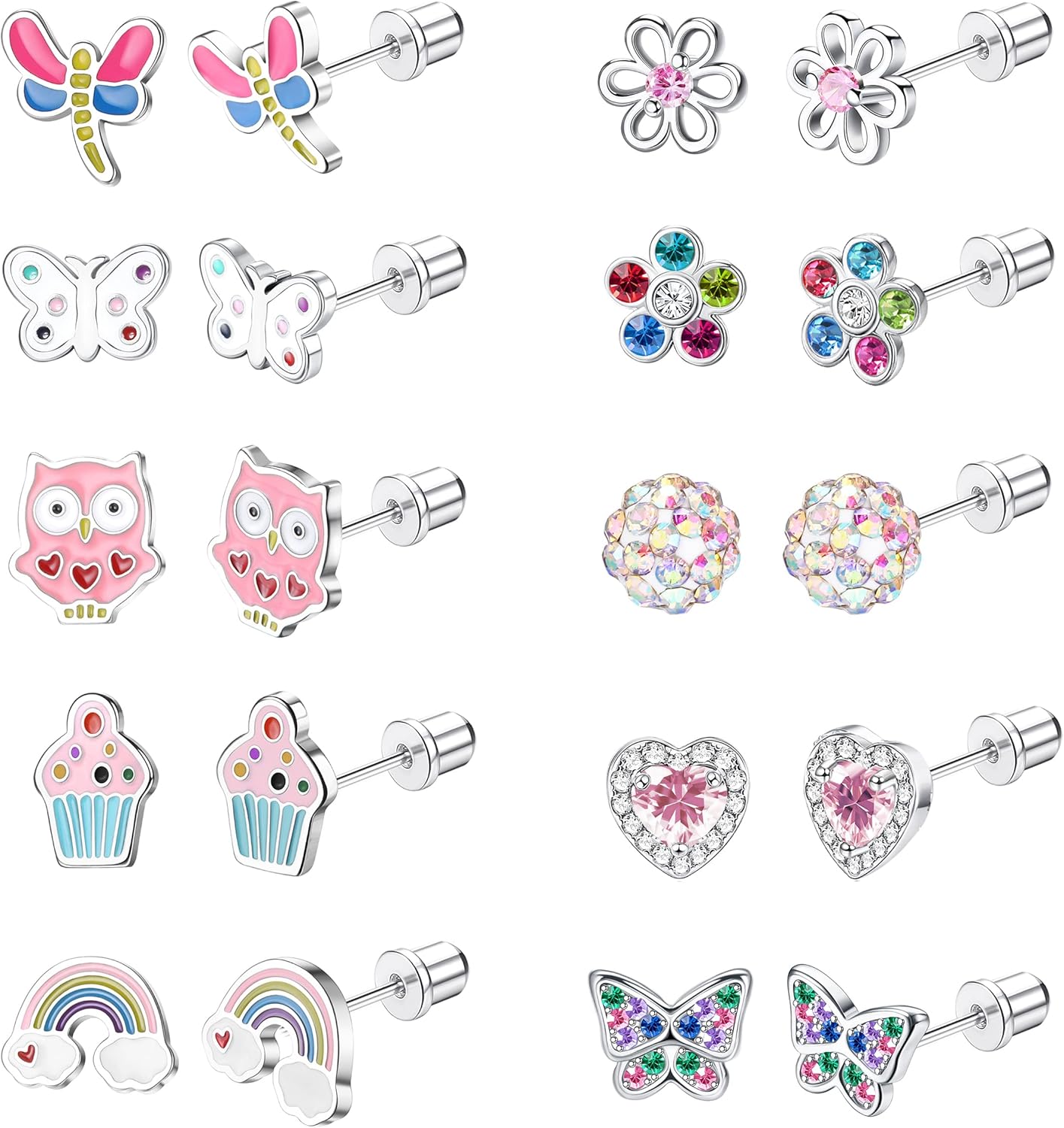 

Bobisty 10 Pairs Stainless Steel Screw Back Earrings for Women CZ Heart Butterfly Ball Earrings Cat Rainbow Stud Earrings Set