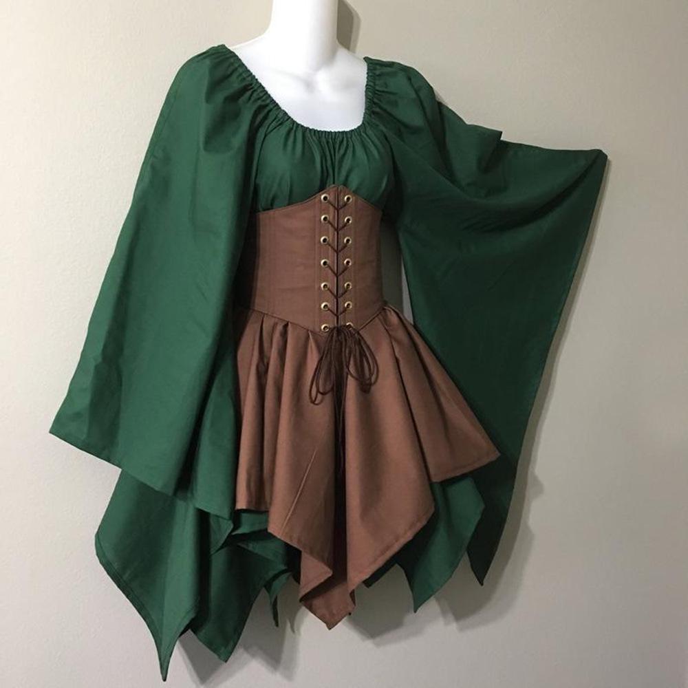 Women's V Neck Long Sleeve Midi Dress Asymmetric Fit Mid Waist Vintage Medieval Color Block Corset Dress