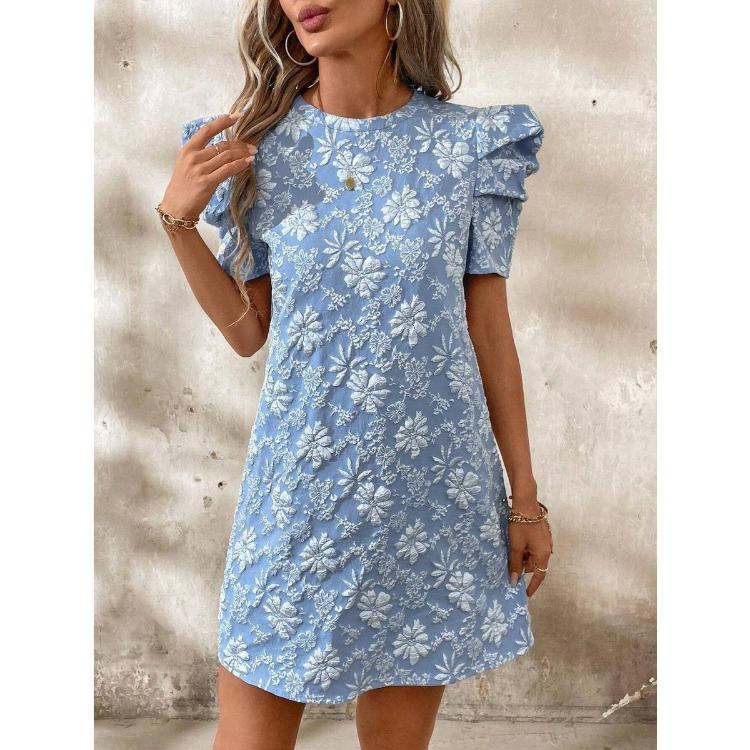 Women Summer Vintage Dresses Textured Jacquard Round Neck Bubble Sleeve New Style