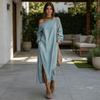 Women's One Shoulder Long Sleeve Maxi Dress, Casual Cotton Linen Long Tunic Dress, Side Slit Summer Loose Dress with Pockets