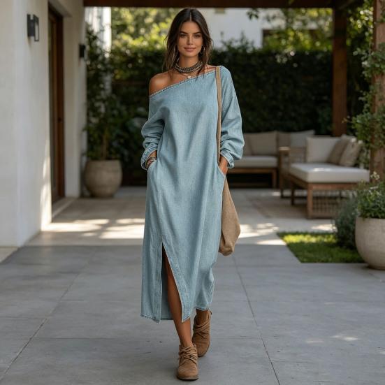Women's One Shoulder Long Sleeve Maxi Dress, Casual Cotton Linen Long Tunic Dress, Side Slit Summer Loose Dress with Pockets