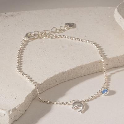 JEWNEL Pulsera de Cadena de Bolas de Plata925 con Delfín y Bola Azul de Circonita Cúbica (2 colores)