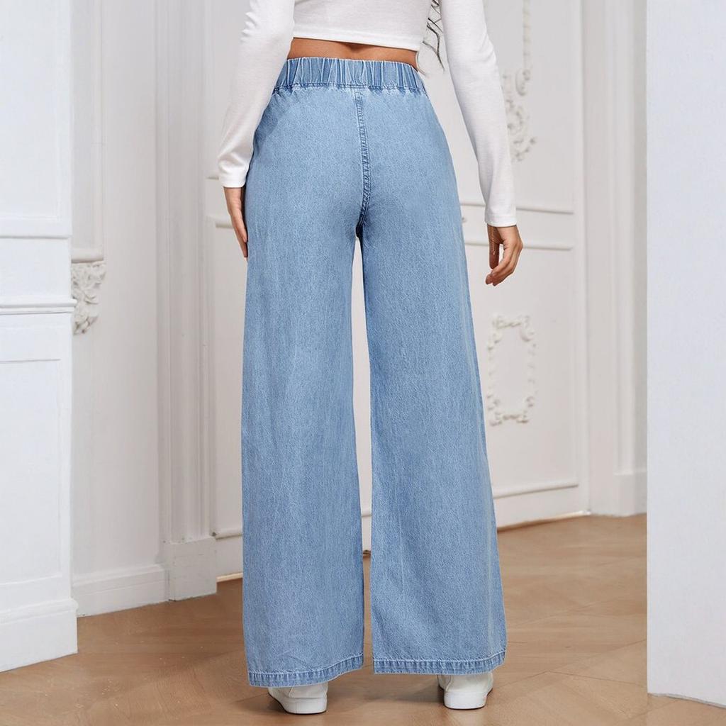 High Waist Wide Leg Denim Pants for Women Loose Fit Elastic Waistband Casual Straight Leg Trousers for Daily Wear