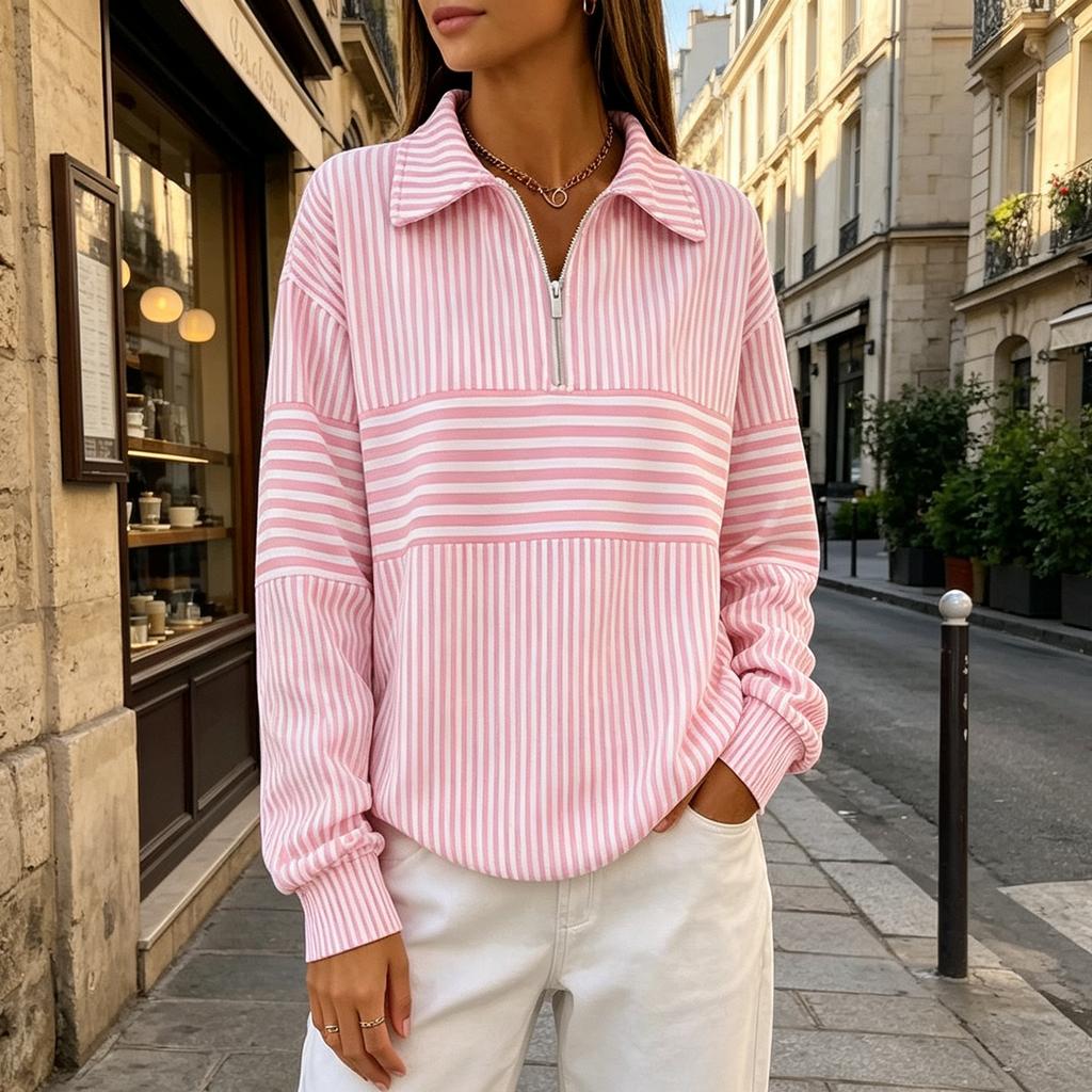 Women's Half-Zip V-Neck Long Sleeve Striped Print Sweatshirt Casual Fall Winter Pullover
