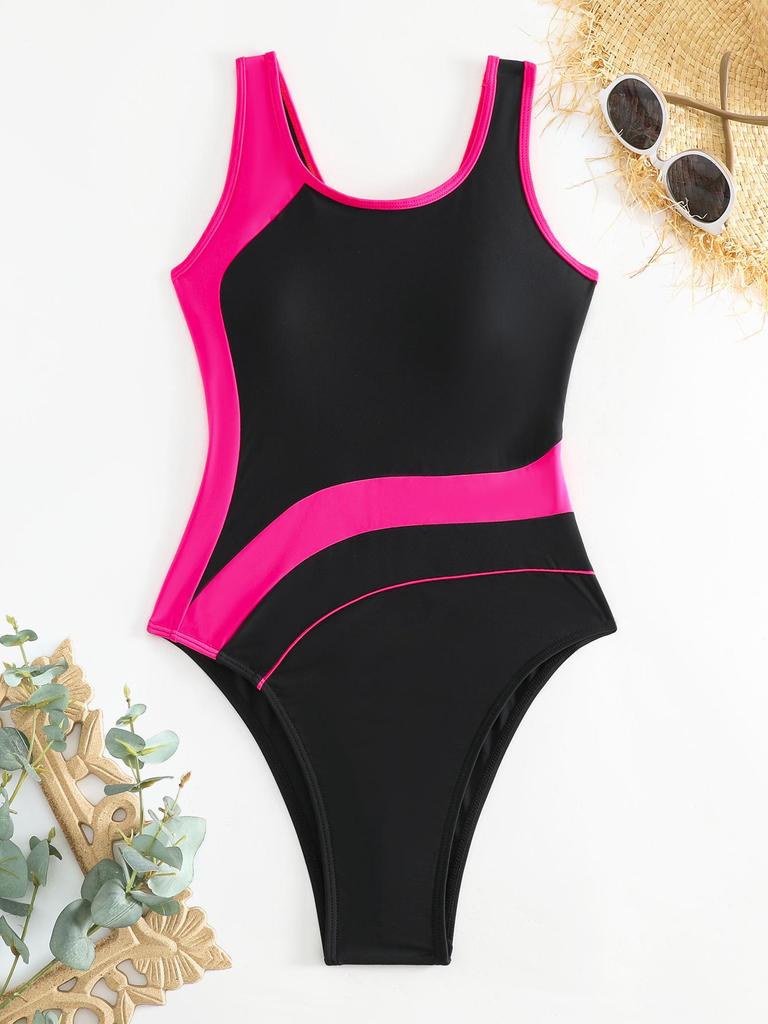 High-End Women's Sporty Competitive One-Piece Swimsuit - Solid Color with European and American Style
