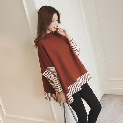 Jane Autumn New Korean Bat Sleeve Cape Pullover Coat Stripe Contrast Cape Knitwear Women's Long Sleeve Sweater Pullover Female
