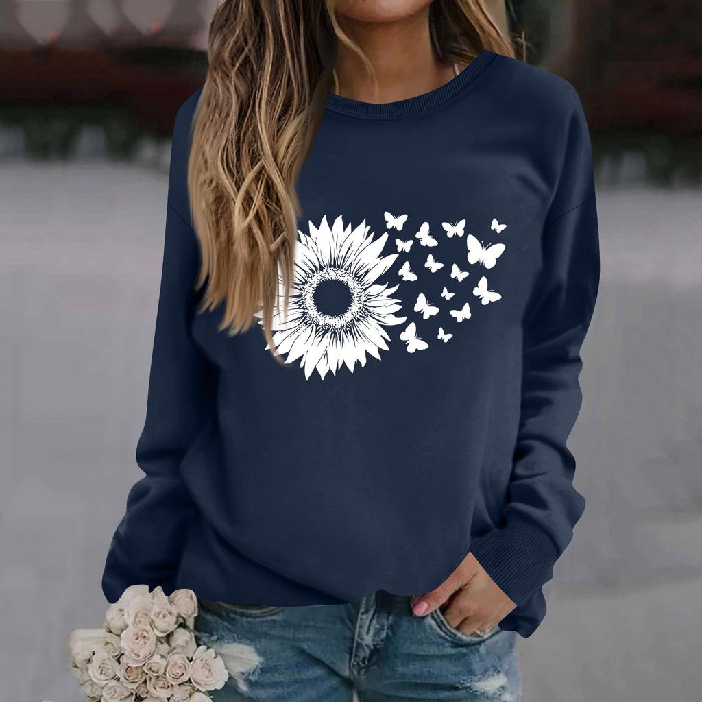 Women's Fashion Casual Long Sleeve Solid Color Printed Round Neck Top Sweatshirt