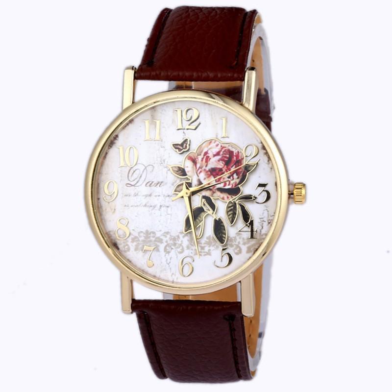 

Rose Flower Round Dia Watch Women PU Leather Strap Arabic Number Quartz Wristwatch
