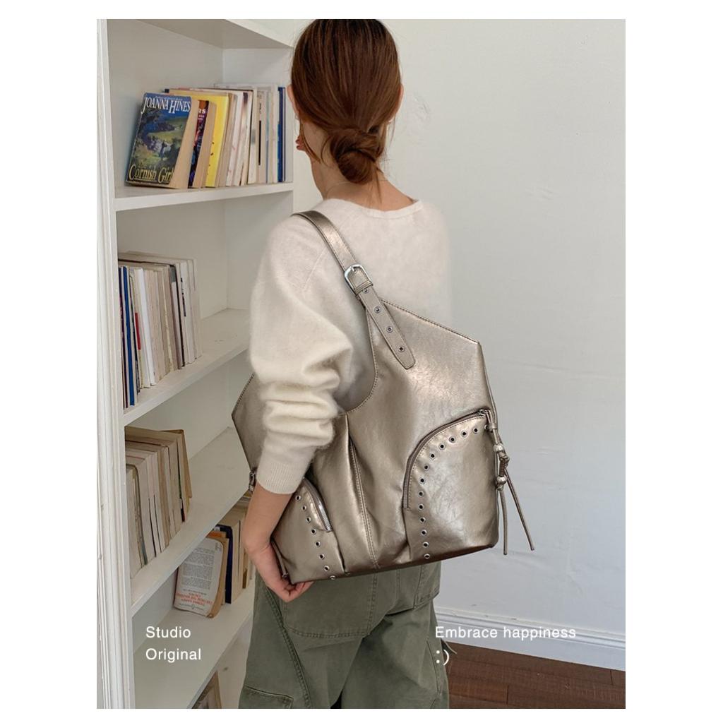 Tote Bag Women PU Single Shoulder Studded Large Capacity Multi Pocket Adjustable Strap Daily