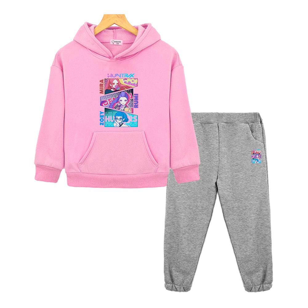 Kpop Dämonenjäger Anime Kapuzenpullover Fleece Sweatshirt Herbst Junge Mädchen Kapuzensets Jacke 2-teilig Pullover+Hose Kinder Boutique Kleidung