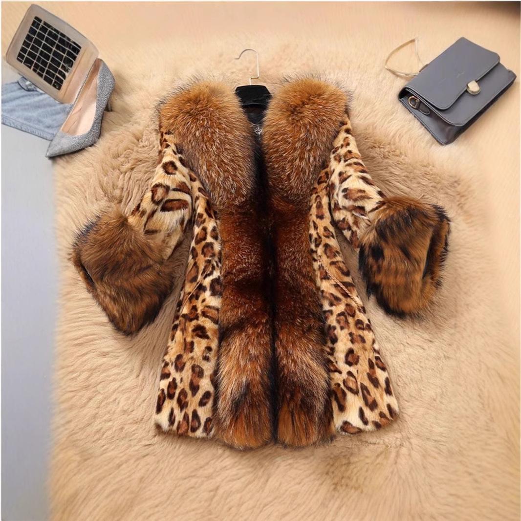 

Cross-Border Women s Mid-Length Leopard Print Faux Fur Coat with Raccoon Collar S
