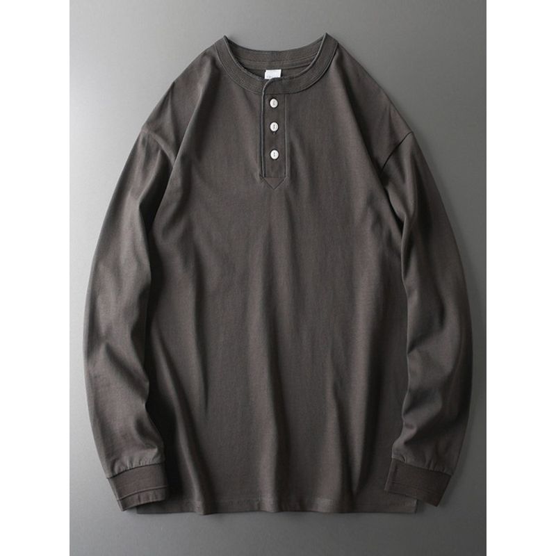 Henley Shirt American Style Heavy Men's Long-Sleeved 100% Cotton Coat Foreign Trade Export Original Last Order Men's G Henry Collar T-shirt