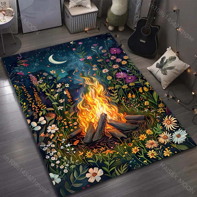 Flowers and Bonfire Print Carpet for Bedroom Living Room Bedside Sofa Floor Mat Modern Home Decor Space Area Rug for Gifts