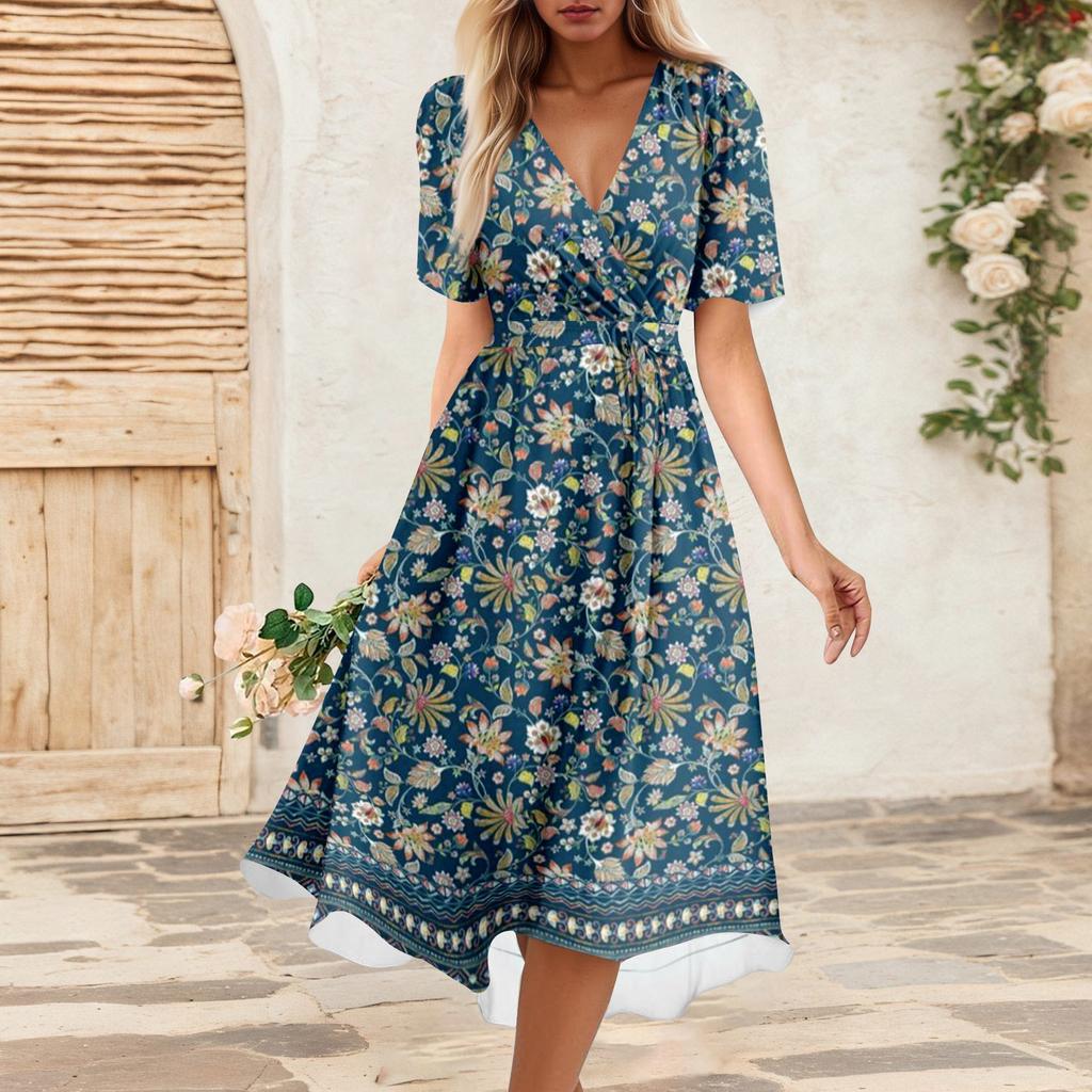 Women's Summer Loose V Neck Short Sleeve Dress, Elegant Dress