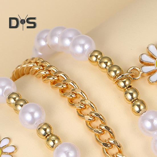 4 Pcs Women Bracelet Set Adjustable Length Hollow Out Chain Faux Pearl Flower Polished Stainless Lightweight Bohemian Bangle Wrist Jewelry